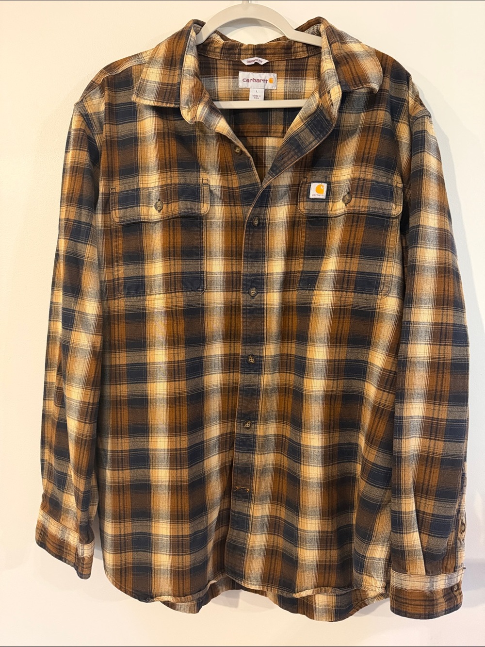 Carhartt Men’s Tan and Black Plaid Button-Up Shirt